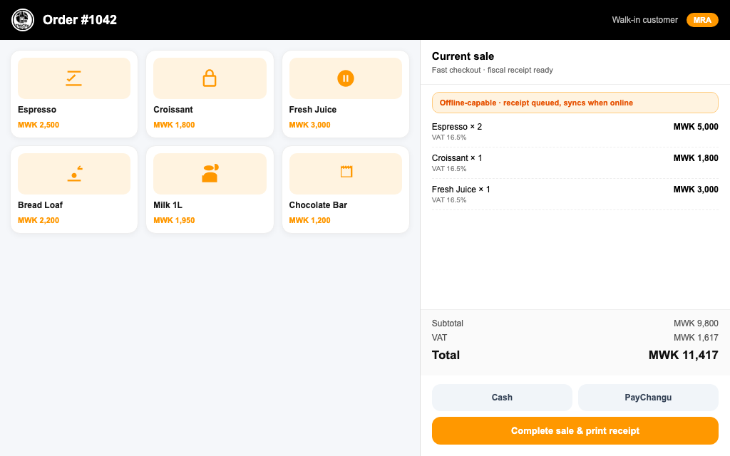 ThisCity POS checkout screen with product grid, current sale totals in MWK, and complete sale controls